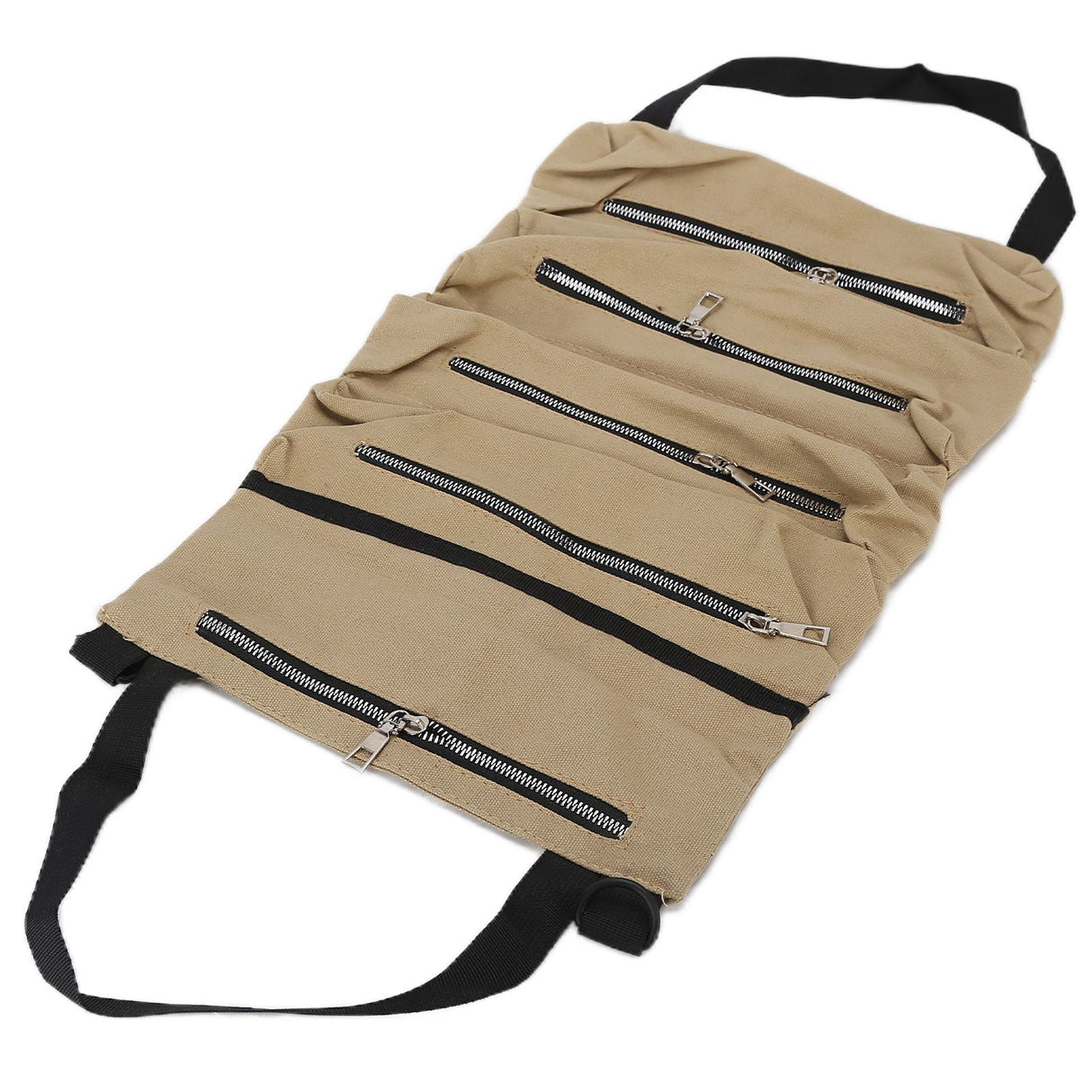 Tool Storage Bag Canvas Foldable Zipper Design Lightweight and Durable High Capacity Tool Roll Up Bag with StrapsKhaki