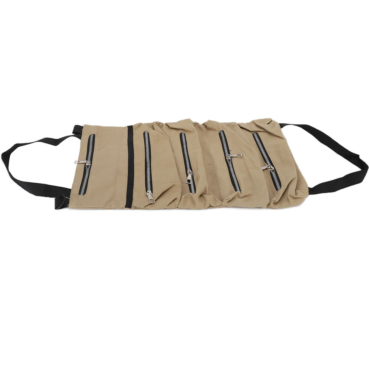 Tool Storage Bag Canvas Foldable Zipper Design Lightweight and Durable High Capacity Tool Roll Up Bag with StrapsKhaki