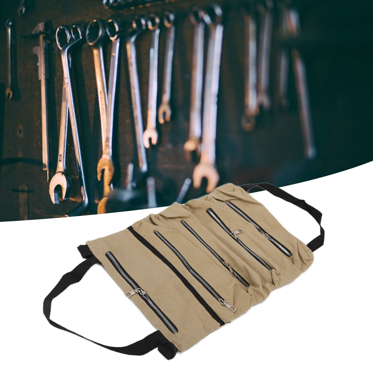 Tool Storage Bag Canvas Foldable Zipper Design Lightweight and Durable High Capacity Tool Roll Up Bag with StrapsKhaki