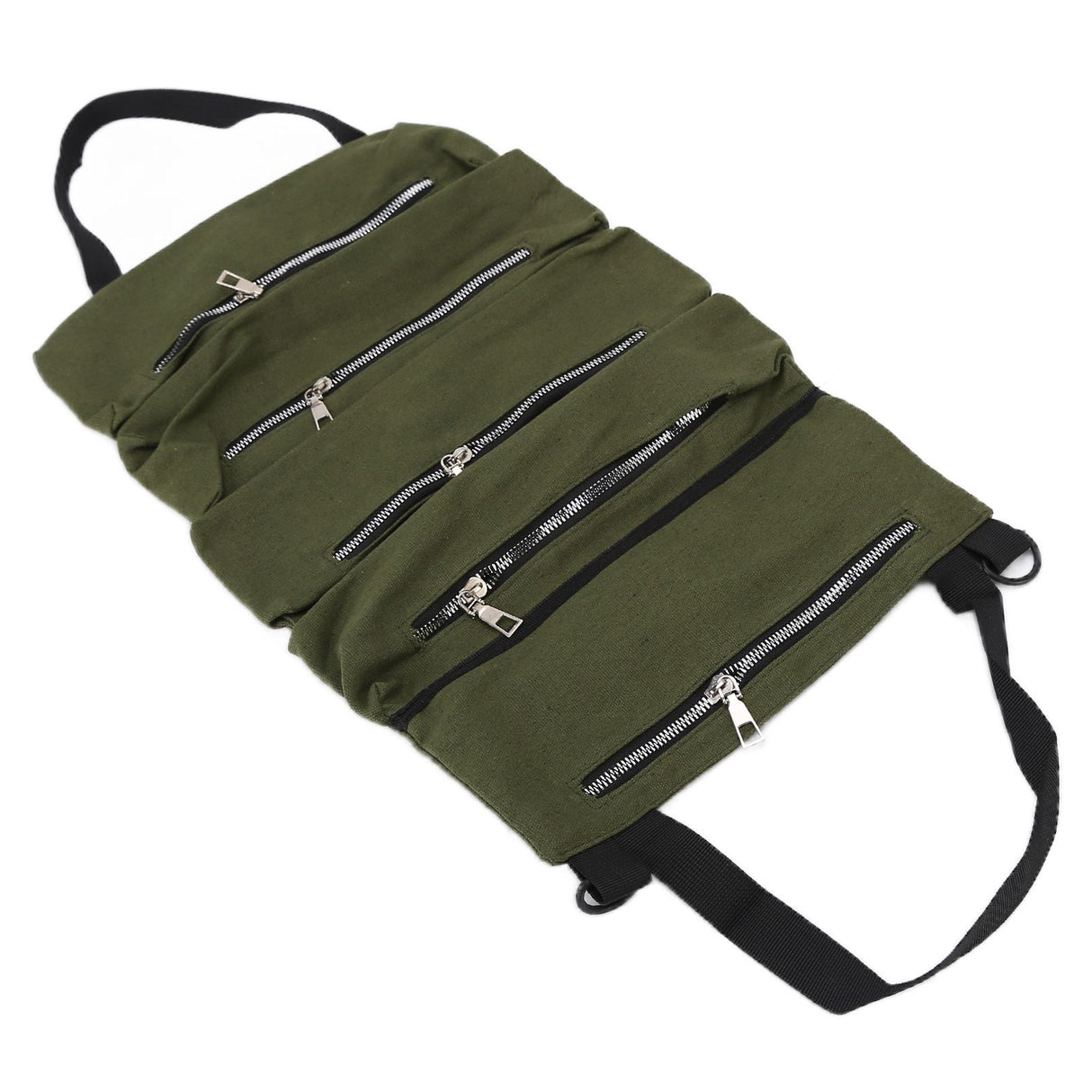 Tool Storage Bag Canvas Foldable Zipper Design Lightweight and Durable High Capacity Tool Roll Up Bag with StrapsGreen
