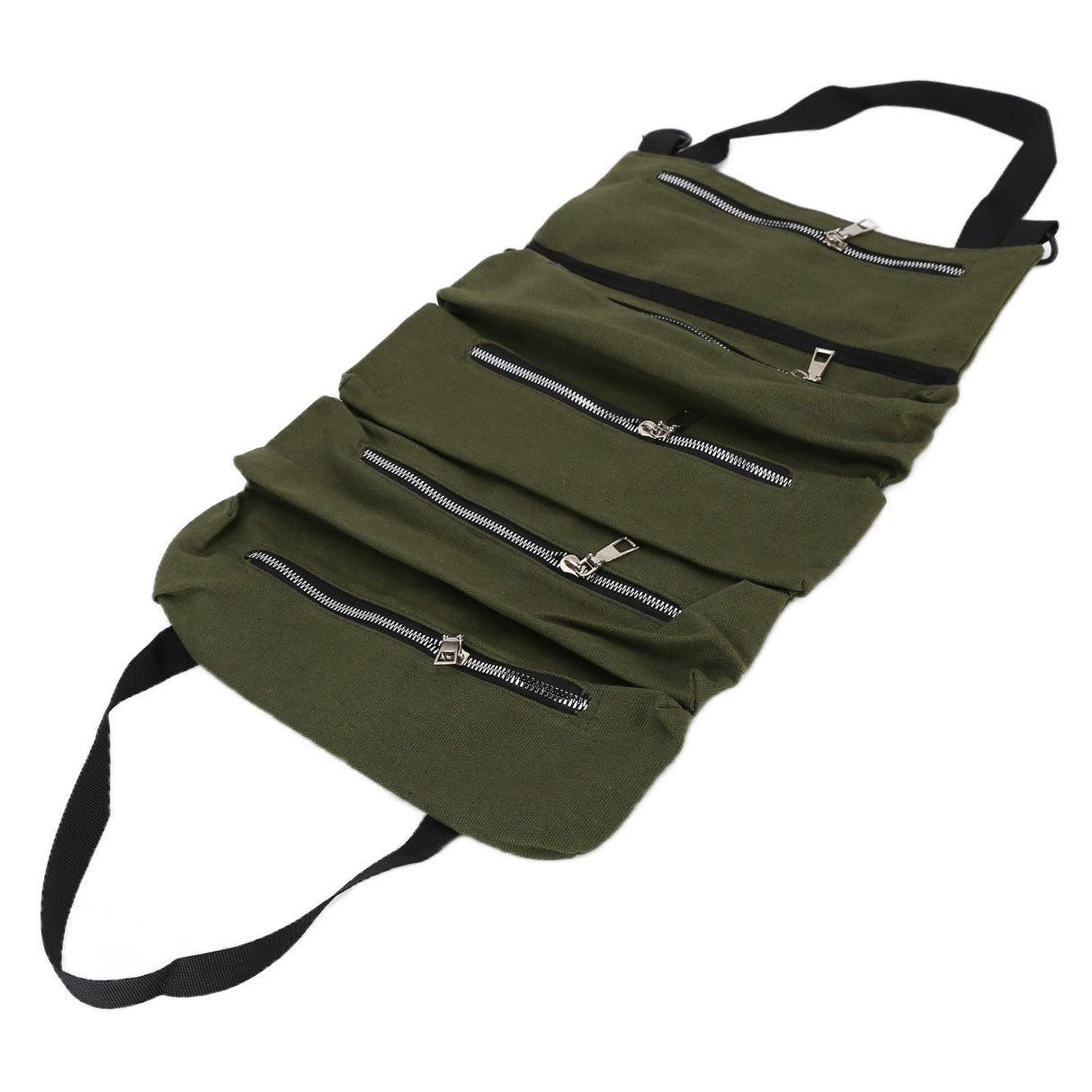 Tool Storage Bag Canvas Foldable Zipper Design Lightweight and Durable High Capacity Tool Roll Up Bag with StrapsGreen