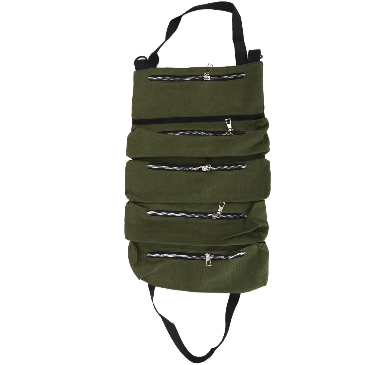 Tool Storage Bag Canvas Foldable Zipper Design Lightweight and Durable High Capacity Tool Roll Up Bag with StrapsGreen