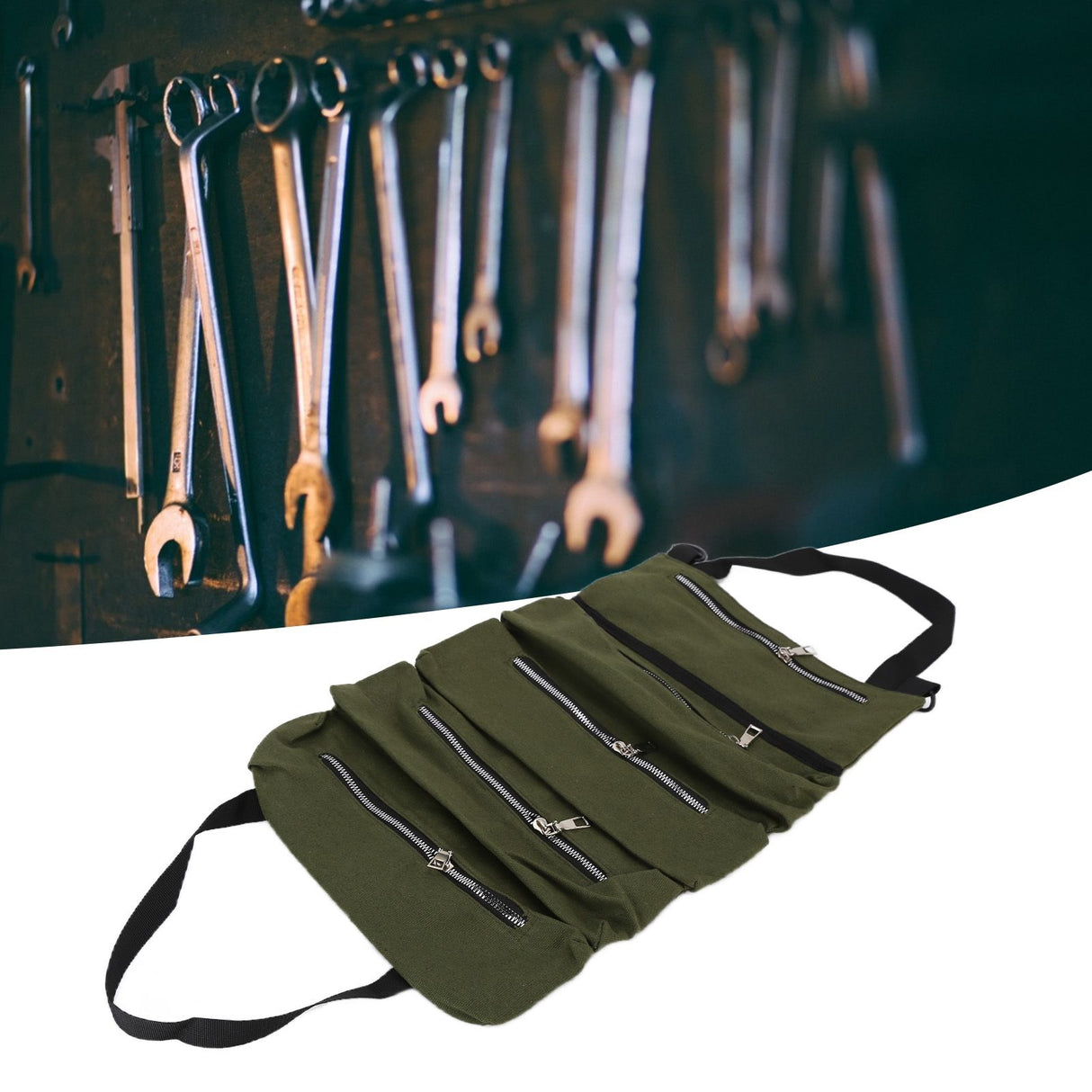 Tool Storage Bag Canvas Foldable Zipper Design Lightweight and Durable High Capacity Tool Roll Up Bag with StrapsGreen