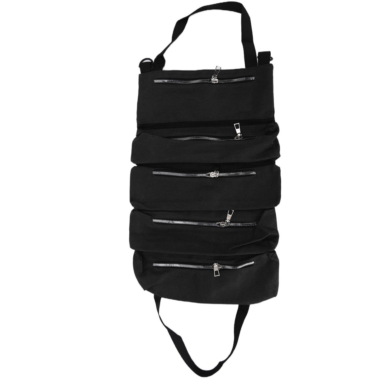 Tool Storage Bag Canvas Foldable Zipper Design Lightweight and Durable High Capacity Tool Roll Up Bag with StrapsBlack