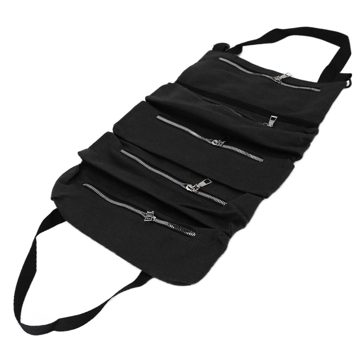 Tool Storage Bag Canvas Foldable Zipper Design Lightweight and Durable High Capacity Tool Roll Up Bag with StrapsBlack