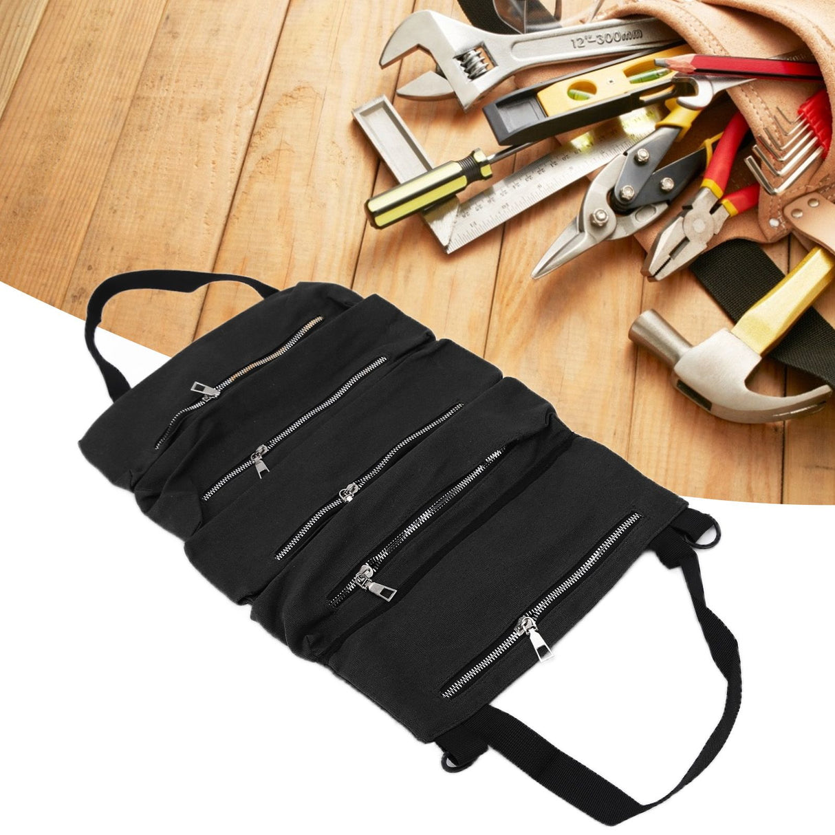 Tool Storage Bag Canvas Foldable Zipper Design Lightweight and Durable High Capacity Tool Roll Up Bag with StrapsBlack
