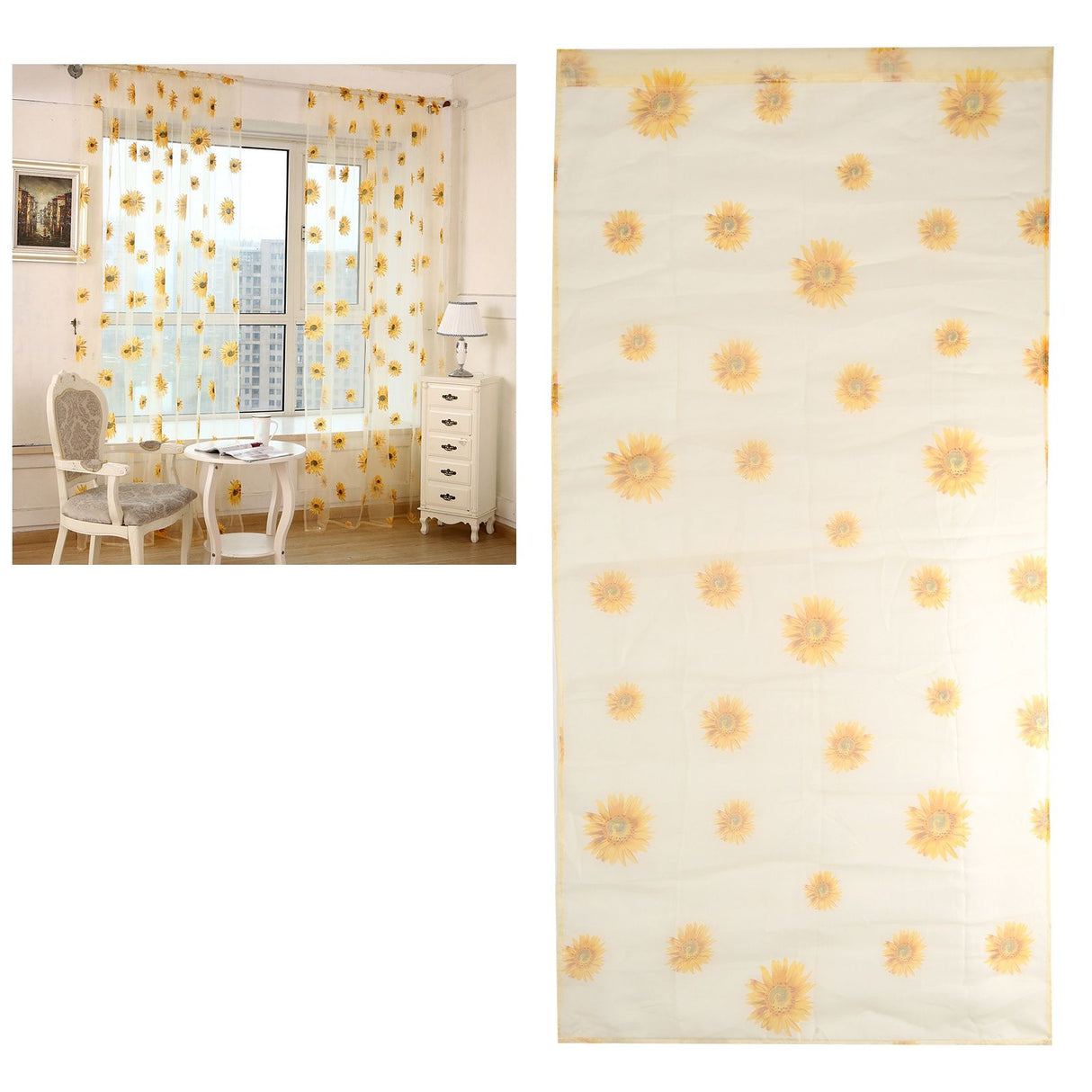 Sheer Curtain Sunflower Pattern Transparent Balcony Window Curtains Decor for Bedroom Living Room
