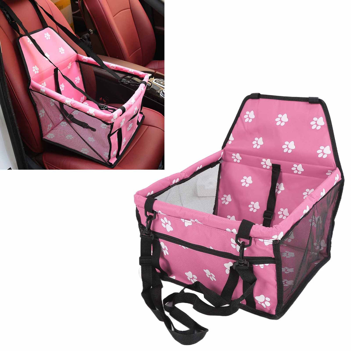 Bear Paw Pattern Pet Carrier Cage Washable Pet Car Travel Safety Seat with Support RodPink
