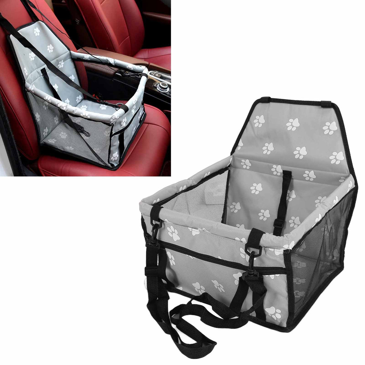 Bear Paw Pattern Pet Carrier Cage Washable Pet Car Travel Safety Seat with Support RodGray