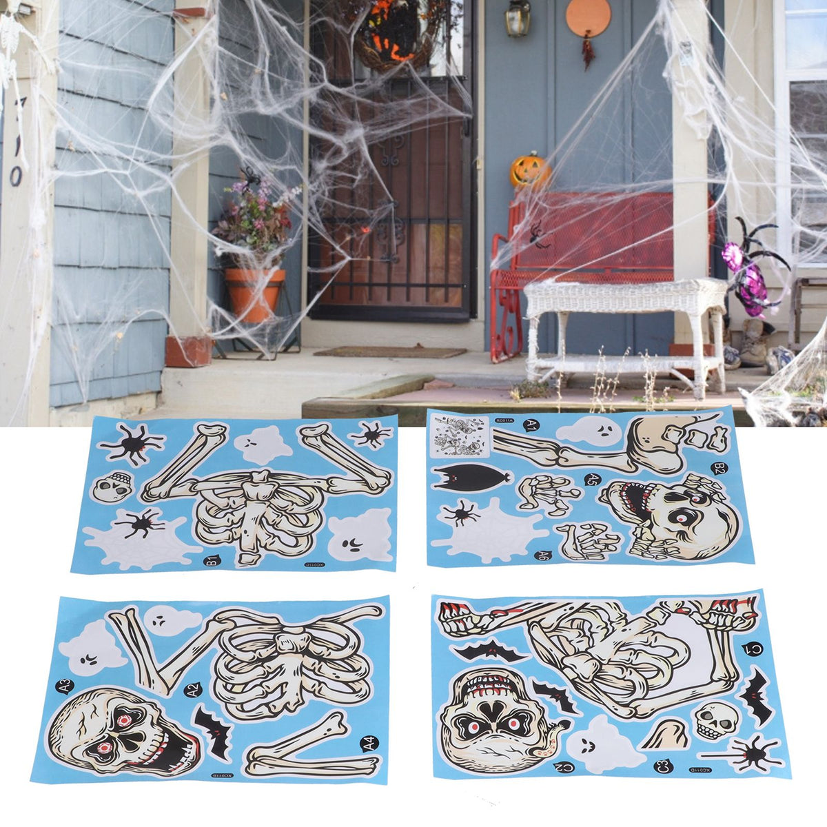 4Pcs Halloween Skull Pattern Wall Sticker Decorative Wall Decal for Living Room Bedroom