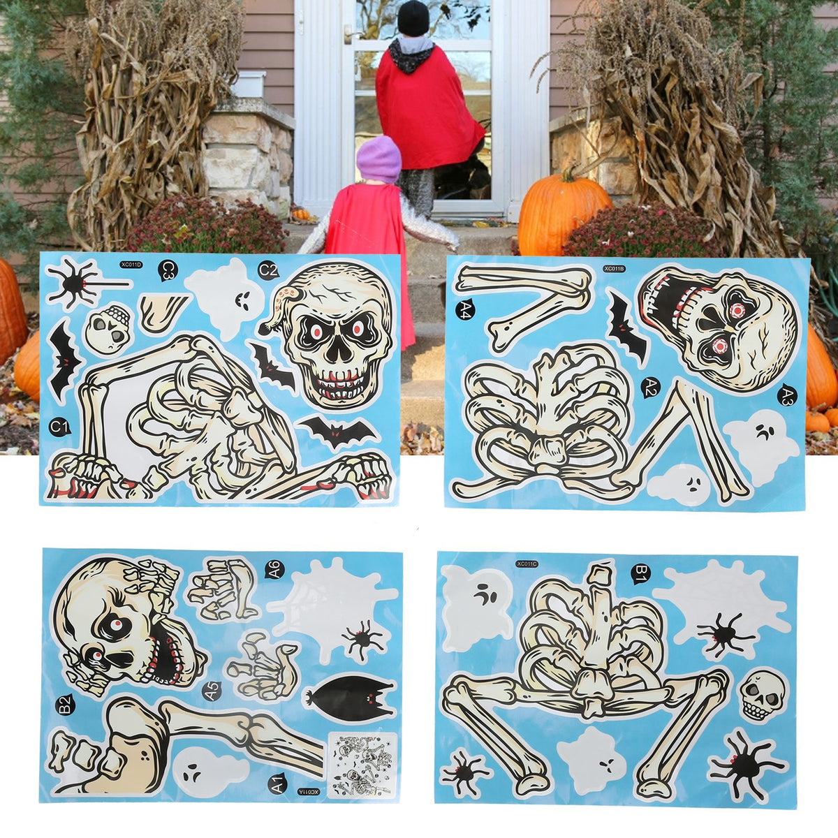 4Pcs Halloween Skull Pattern Wall Sticker Decorative Wall Decal for Living Room Bedroom