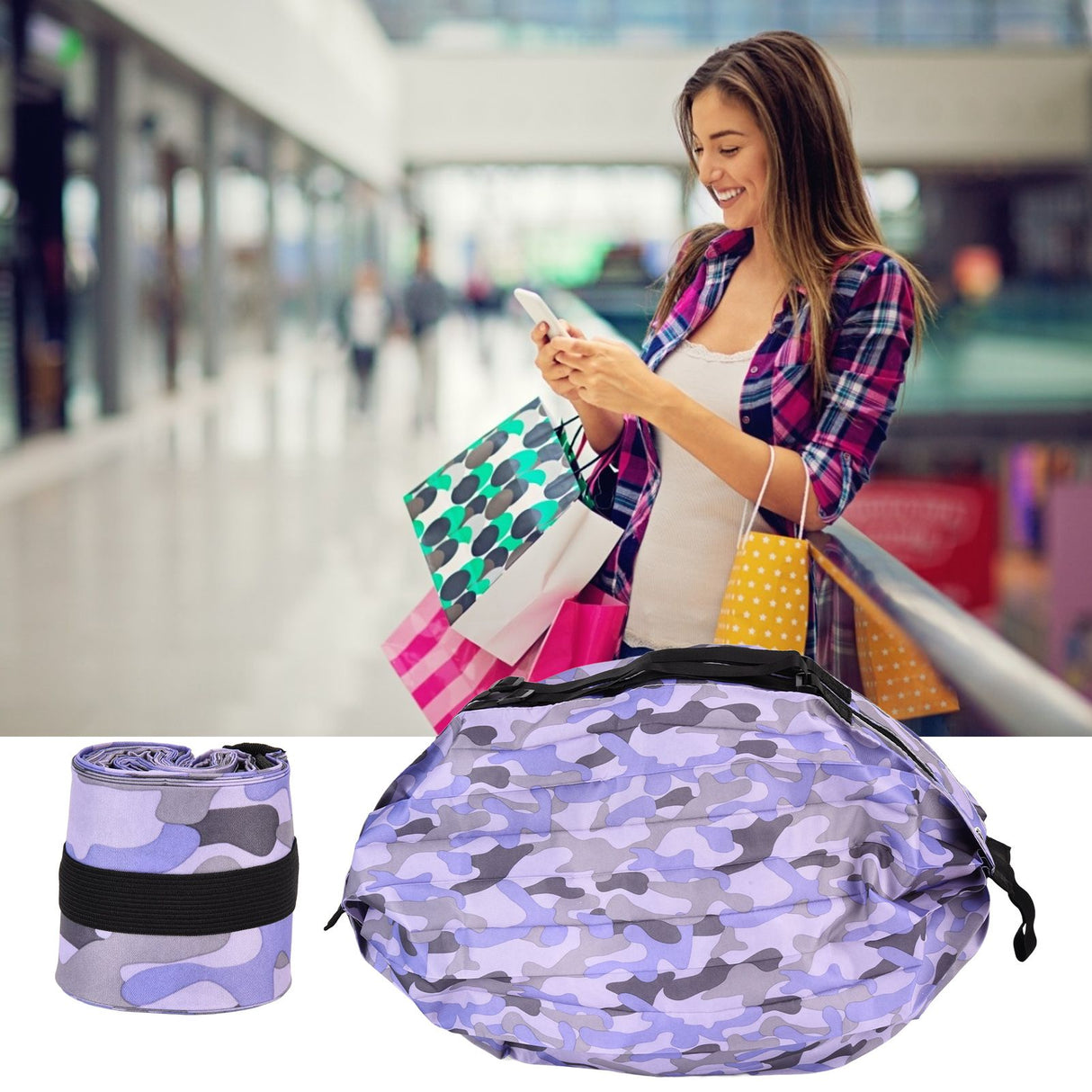 High Capacity Storage Bag Travel Single Shoulder Waterproof Shopping Bag Portable Folding Storage BagPurple Camouflage