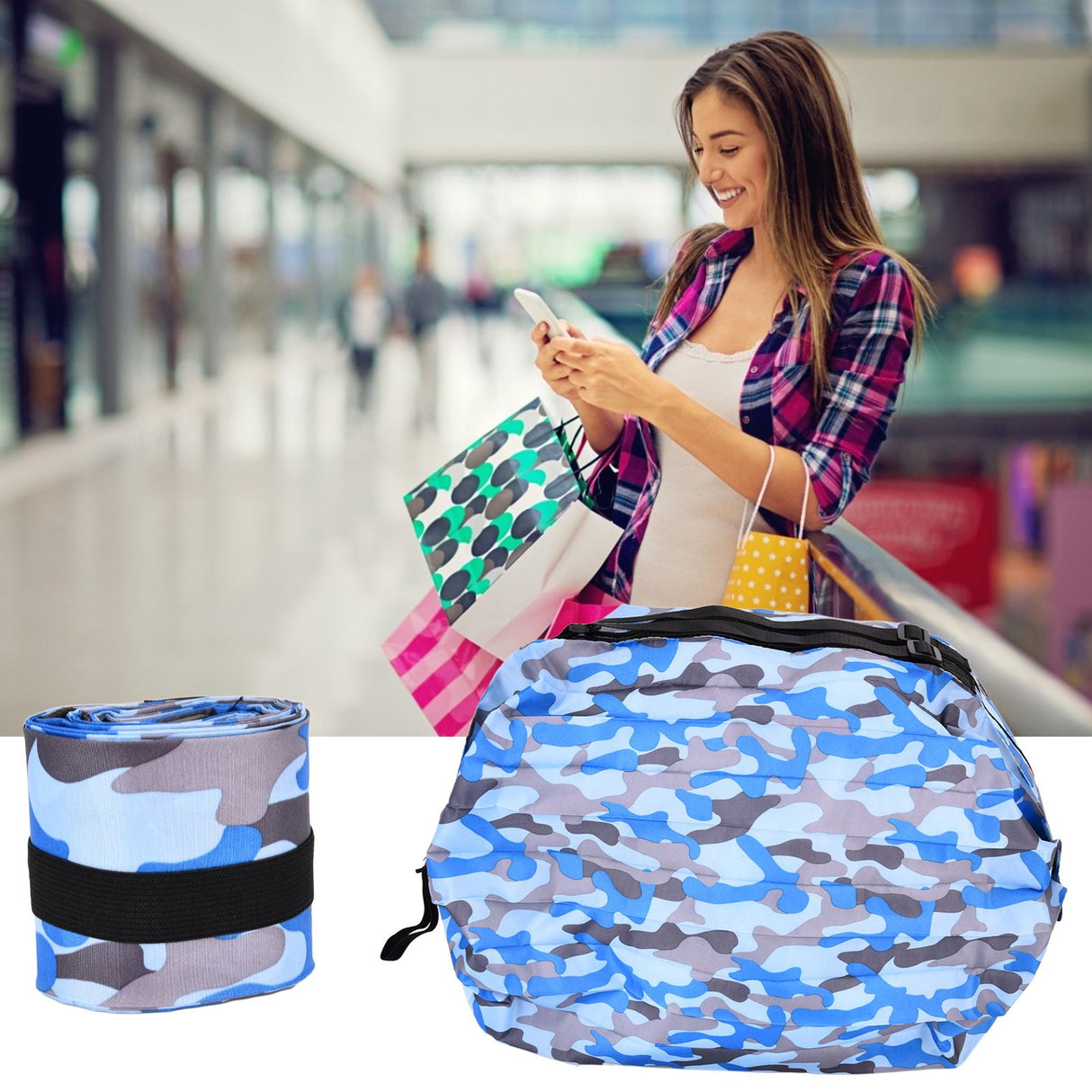 High Capacity Storage Bag Travel Single Shoulder Waterproof Shopping Bag Portable Folding Storage BagBlue Camouflage