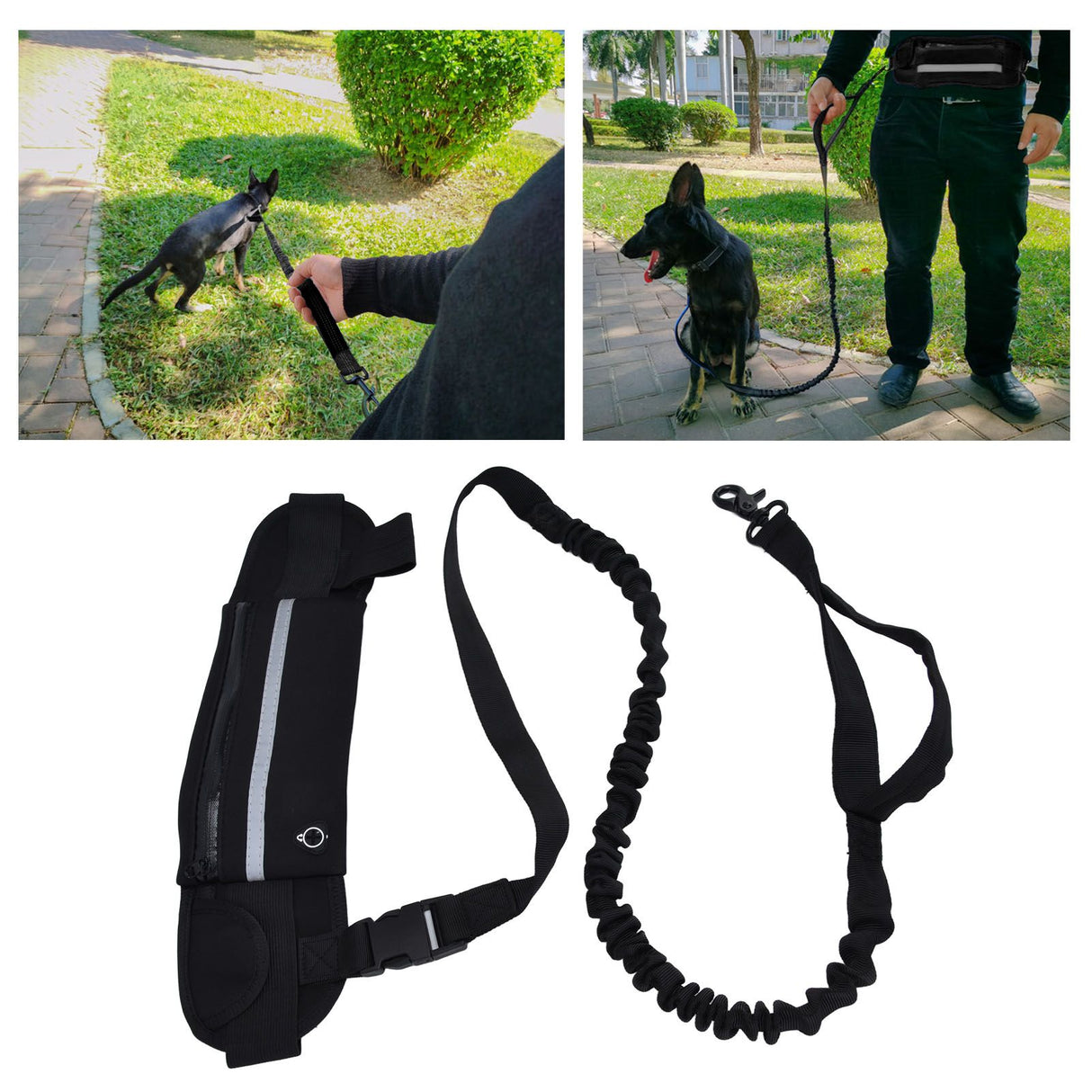 Sports Belt Bag Leash Set Reflective Elastic Explosion Proof Dog Running Traction Rope for Walking RunningBlack
