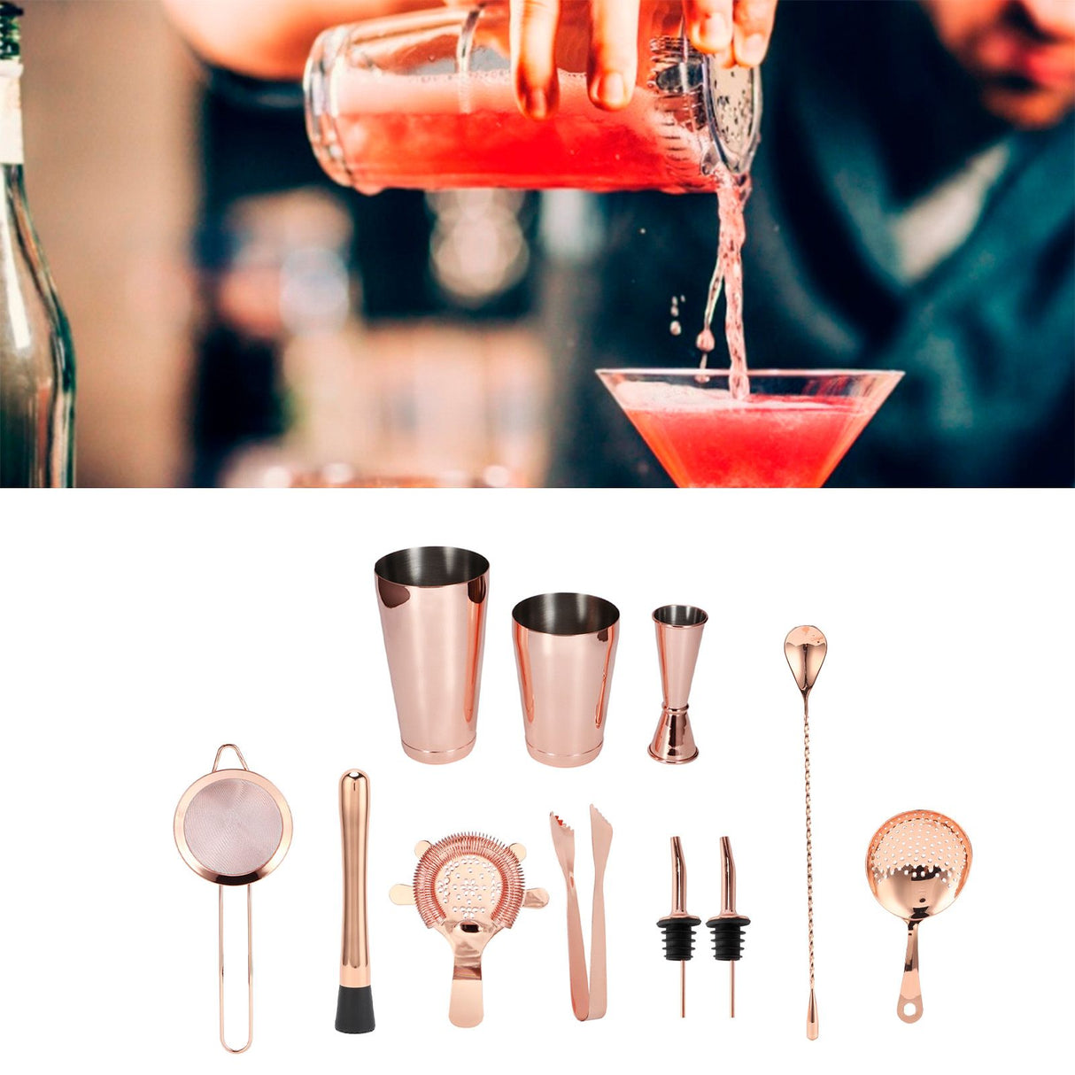 11PCS/Set Cocktail Shaker Set Bartender Kit Cocktail Strainer Stainless Steel Barware for Home PartyRose Gold
