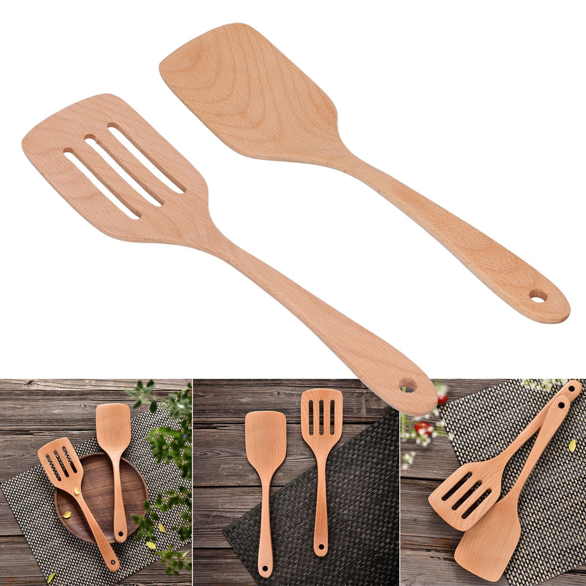 2Pcs Kitchen Turner Spatula Set Wooden Environmentally Friendly High Temperature Resistant Non Stick Kitchen Utensils