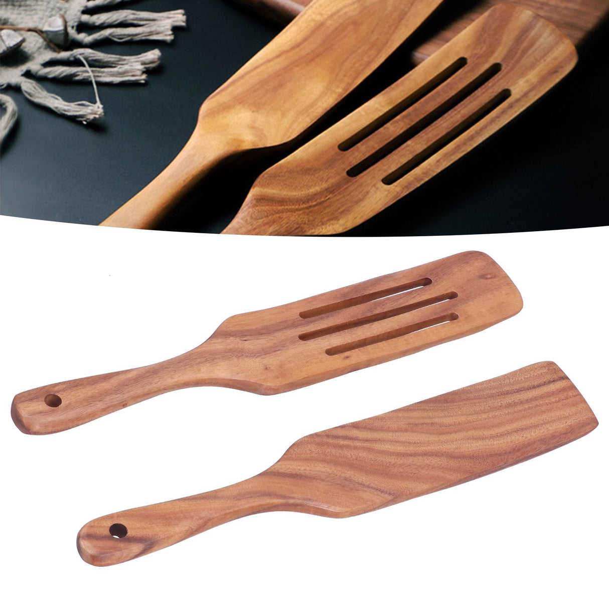 2pcs Slotted Turner Spatula Simple Wooden Spatula with Long Handlefor Cooking Salad Mixing