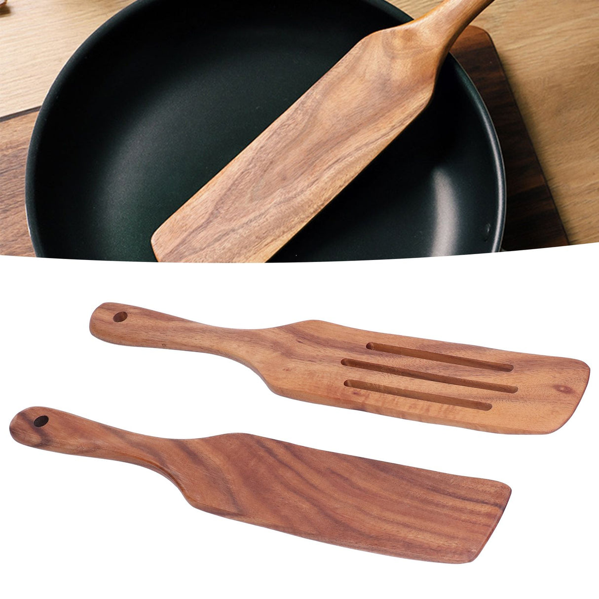 2pcs Slotted Turner Spatula Simple Wooden Spatula with Long Handlefor Cooking Salad Mixing
