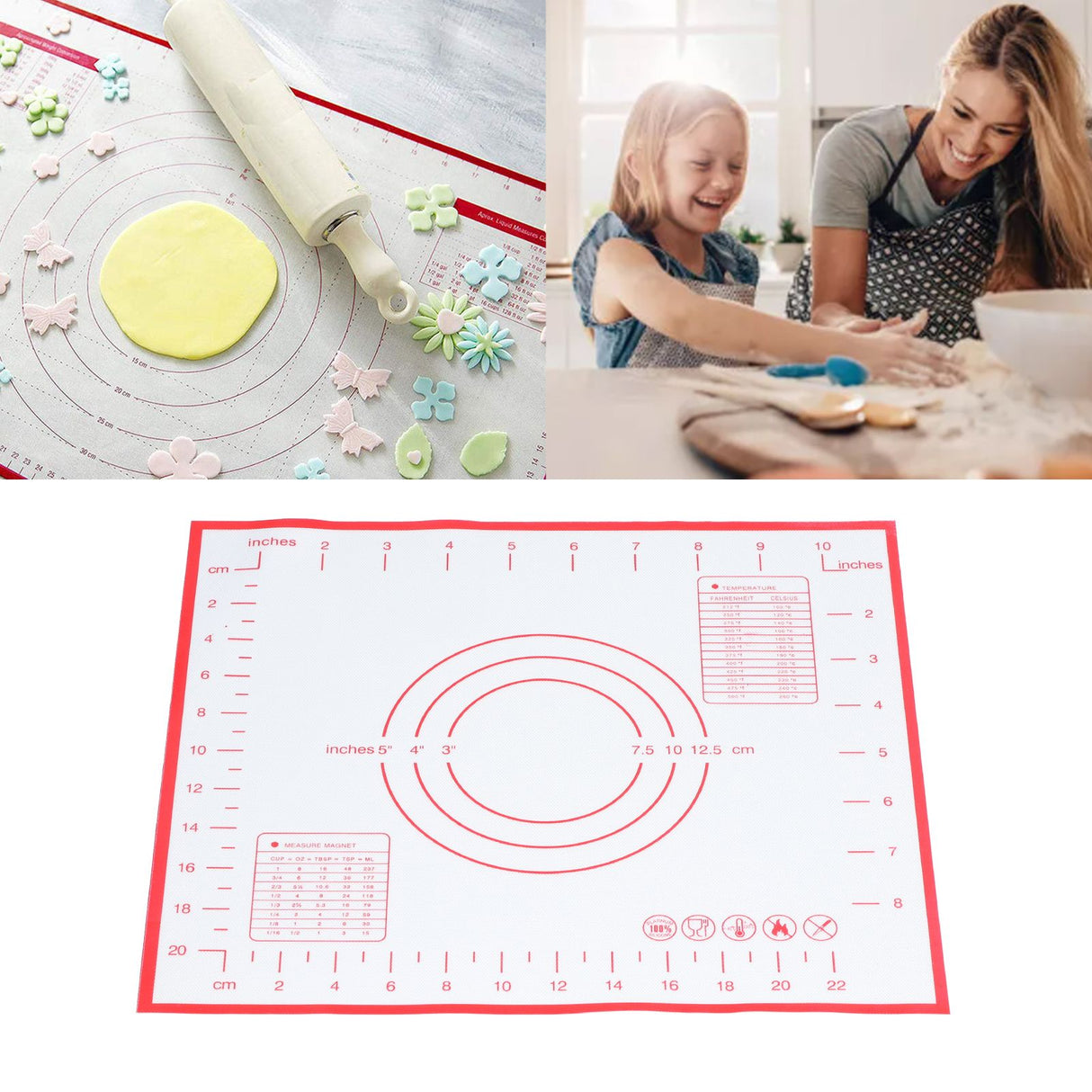 Baking Mat Silicone Non Slip Heat Resistant Dough Mat with Scale for Home Kitchen 29x26cmRed