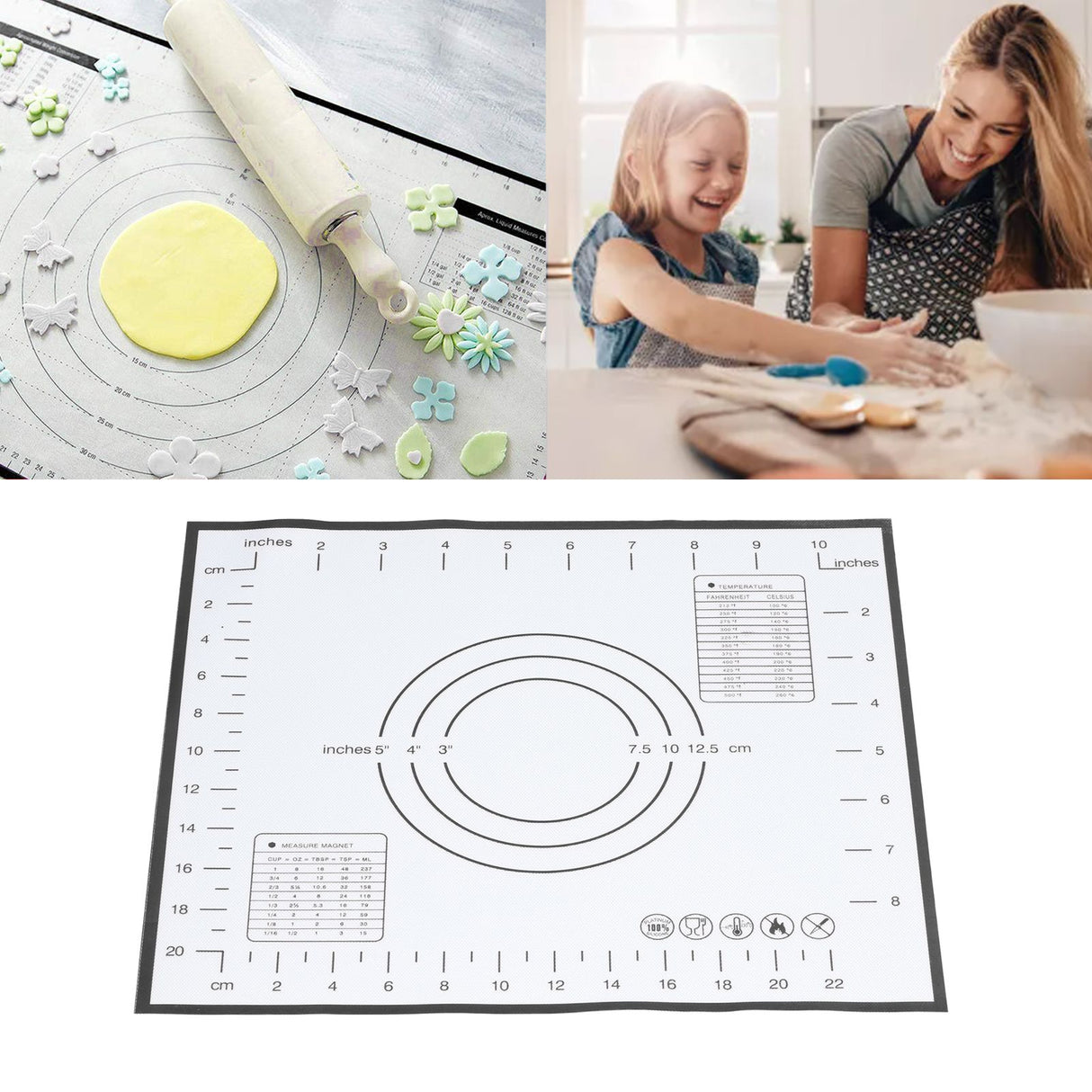 Baking Mat Silicone Non Slip Heat Resistant Dough Mat with Scale for Home Kitchen 29x26cmBlack