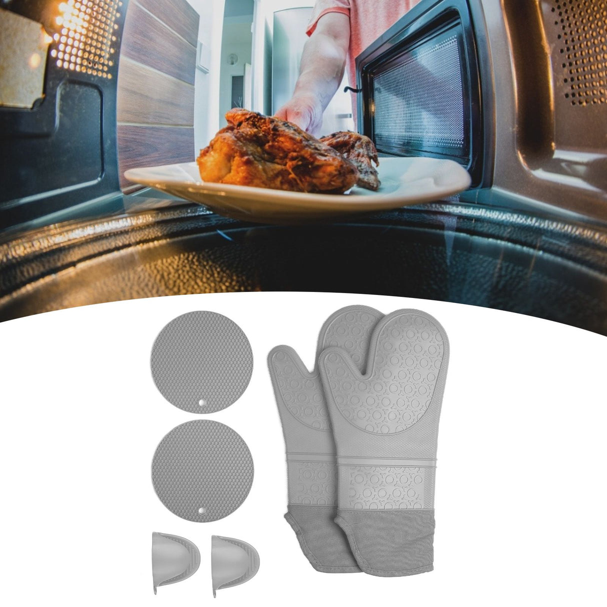 Insulation Gloves Thickened Silicone Barbecue Microwave Oven Anti Scalding Glove for Kitchen Baking CookingGray