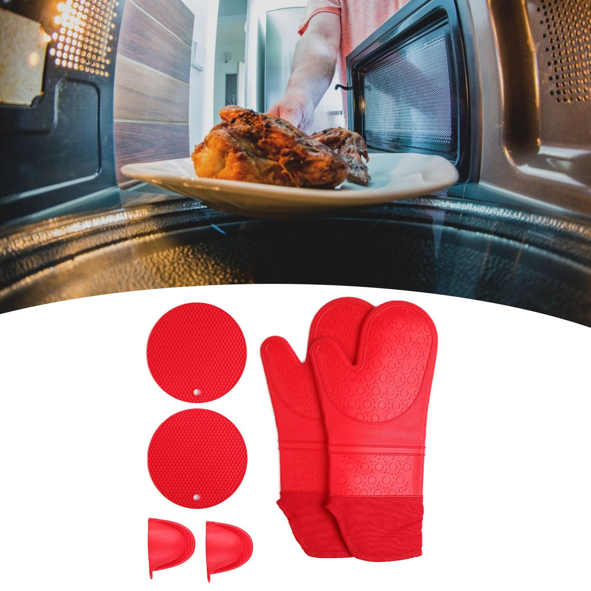 Insulation Gloves Thickened Silicone Barbecue Microwave Oven Anti Scalding Glove for Kitchen Baking CookingRed