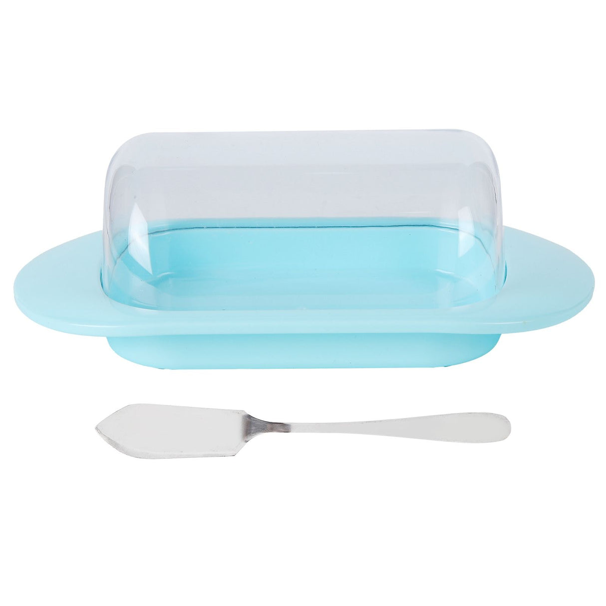 Round Edge Plastic Butter Storage Box Cheese Dessert Bread Server Keeper with Transparent Cover KnifeBlue