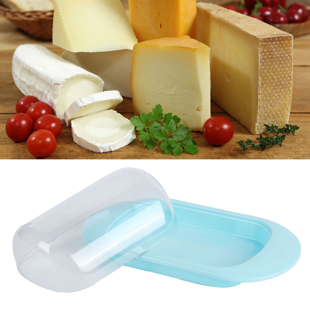 Round Edge Plastic Butter Storage Box Cheese Dessert Bread Server Keeper with Transparent Cover KnifeBlue