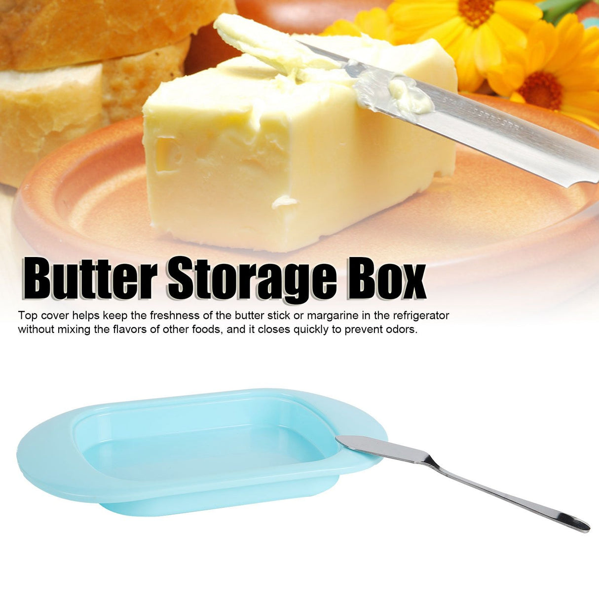 Round Edge Plastic Butter Storage Box Cheese Dessert Bread Server Keeper with Transparent Cover KnifeBlue