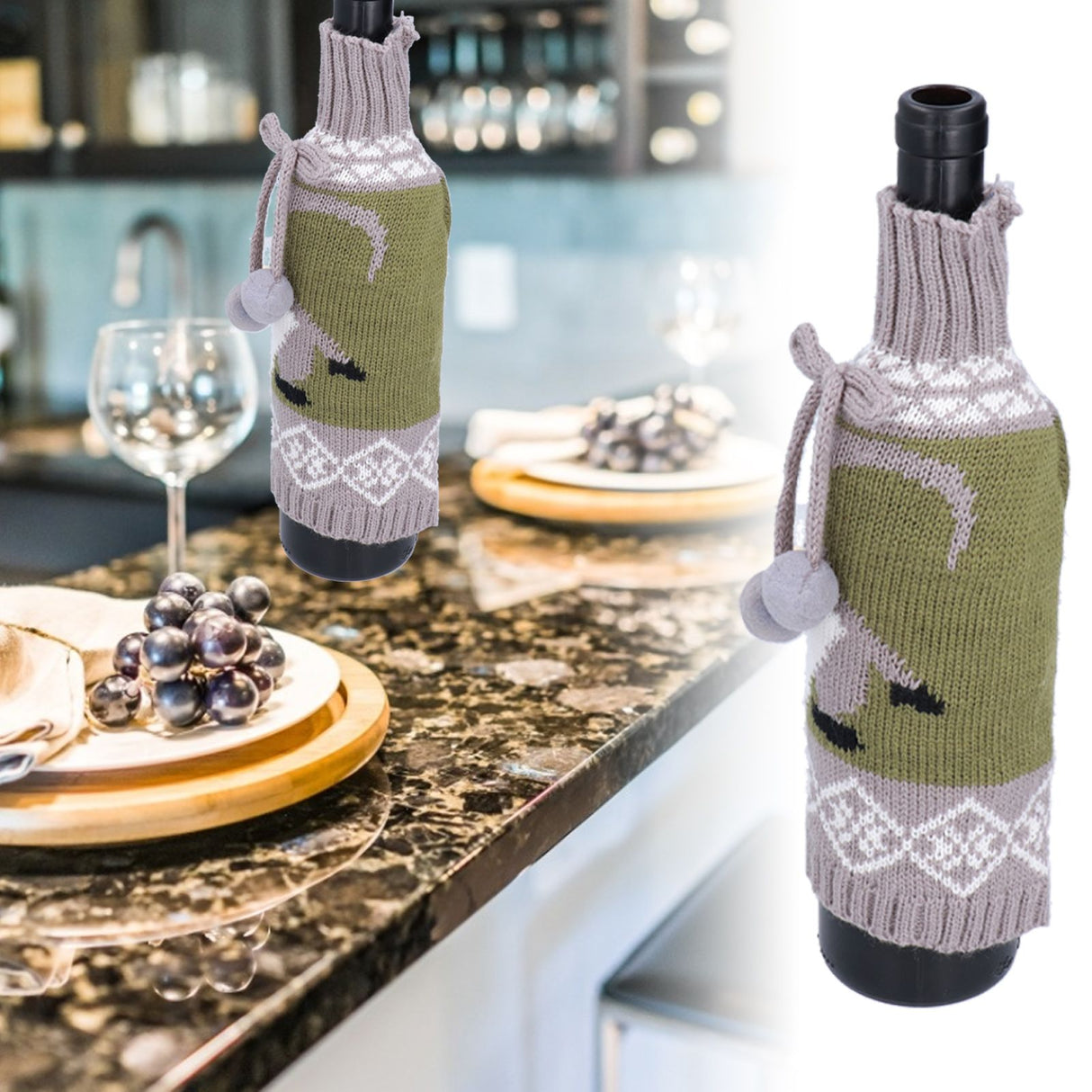 Knitted Wine Bottle Cover Bag Sleeve Home Decoration for Christmas Wedding Birthday PartyGray +Green
