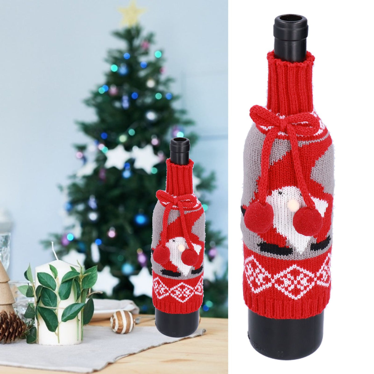 Knitted Wine Bottle Cover Bag Sleeve Home Decoration for Christmas Wedding Birthday PartyRed +Gray