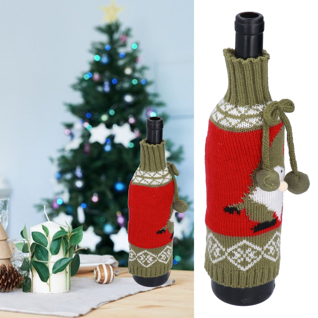 Knitted Wine Bottle Cover Bag Sleeve Home Decoration for Christmas Wedding Birthday PartyRed +Green