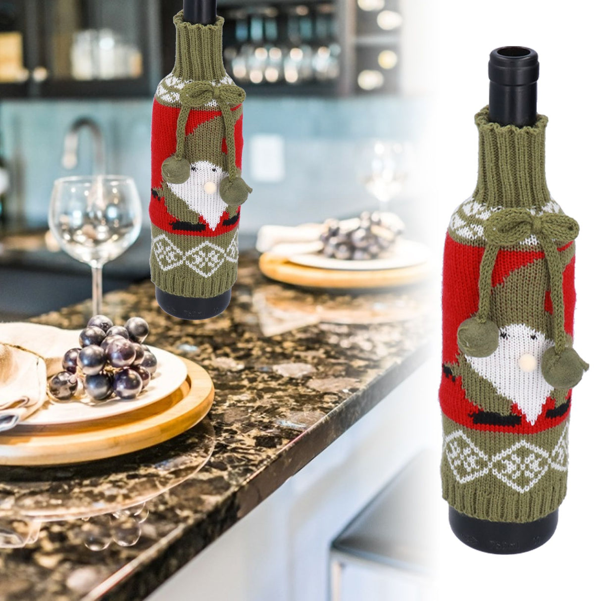 Knitted Wine Bottle Cover Bag Sleeve Home Decoration for Christmas Wedding Birthday PartyRed +Green