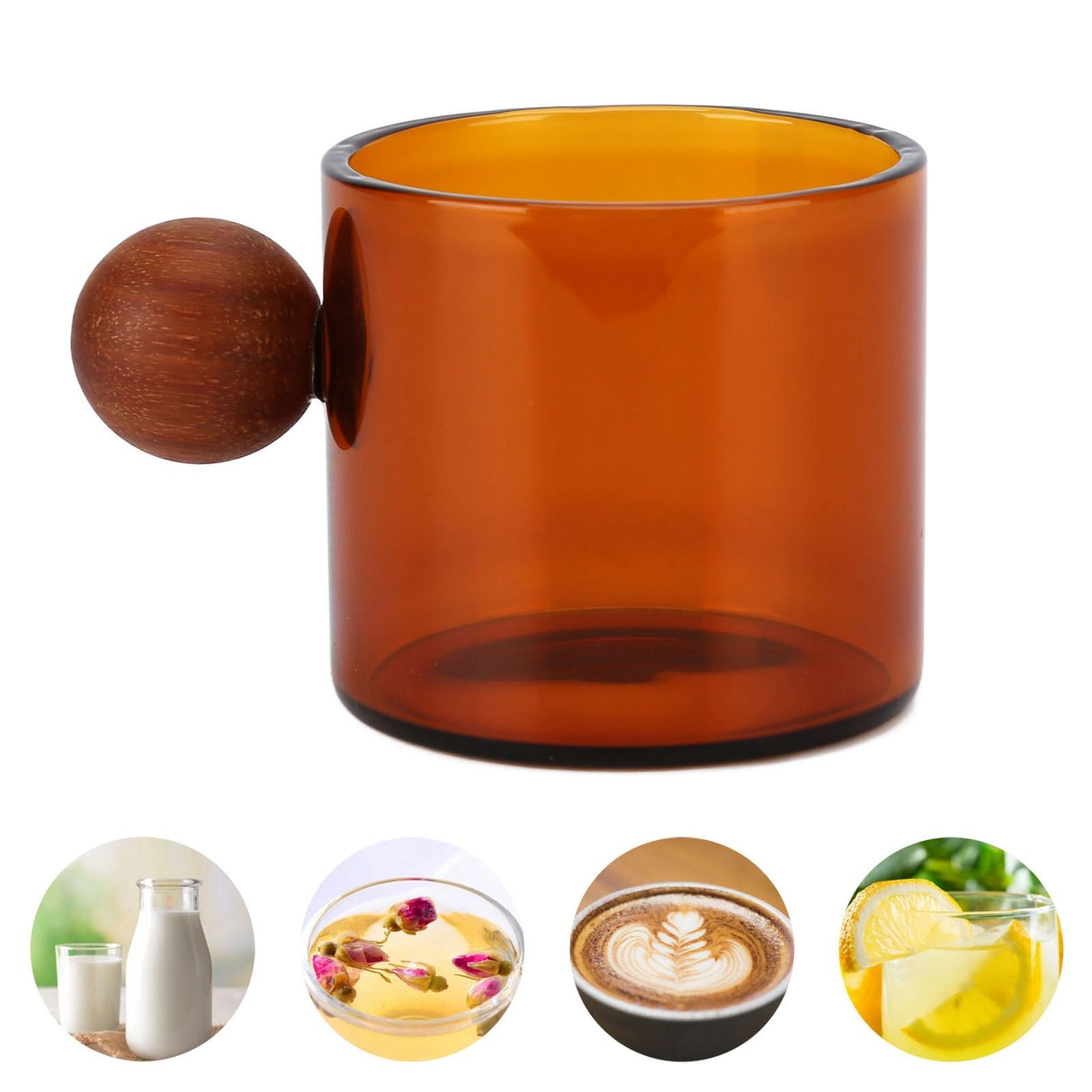 Glass Coffee Cup Clear Heatproof Glass Coffee Mug with Wooden Ball Handle for Office Bar PartyBrown