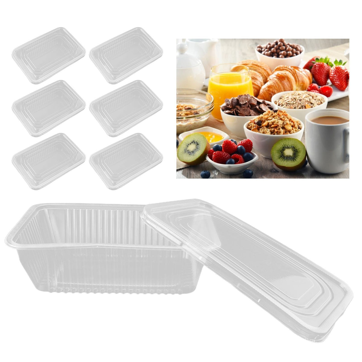 10PCS Disposable Lunch Box Microwavable Disposable Transparent Rectangular Food Container with Lid 750ML