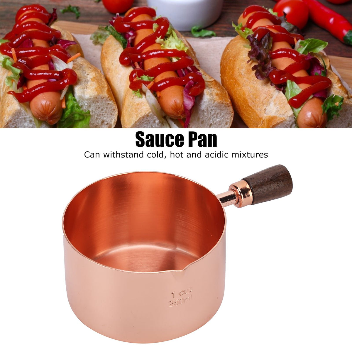 Sauce Pan Wooden Handle Rose Gold Stainless Steel Sauce Pot for Cooking Kitchen Ware1cup