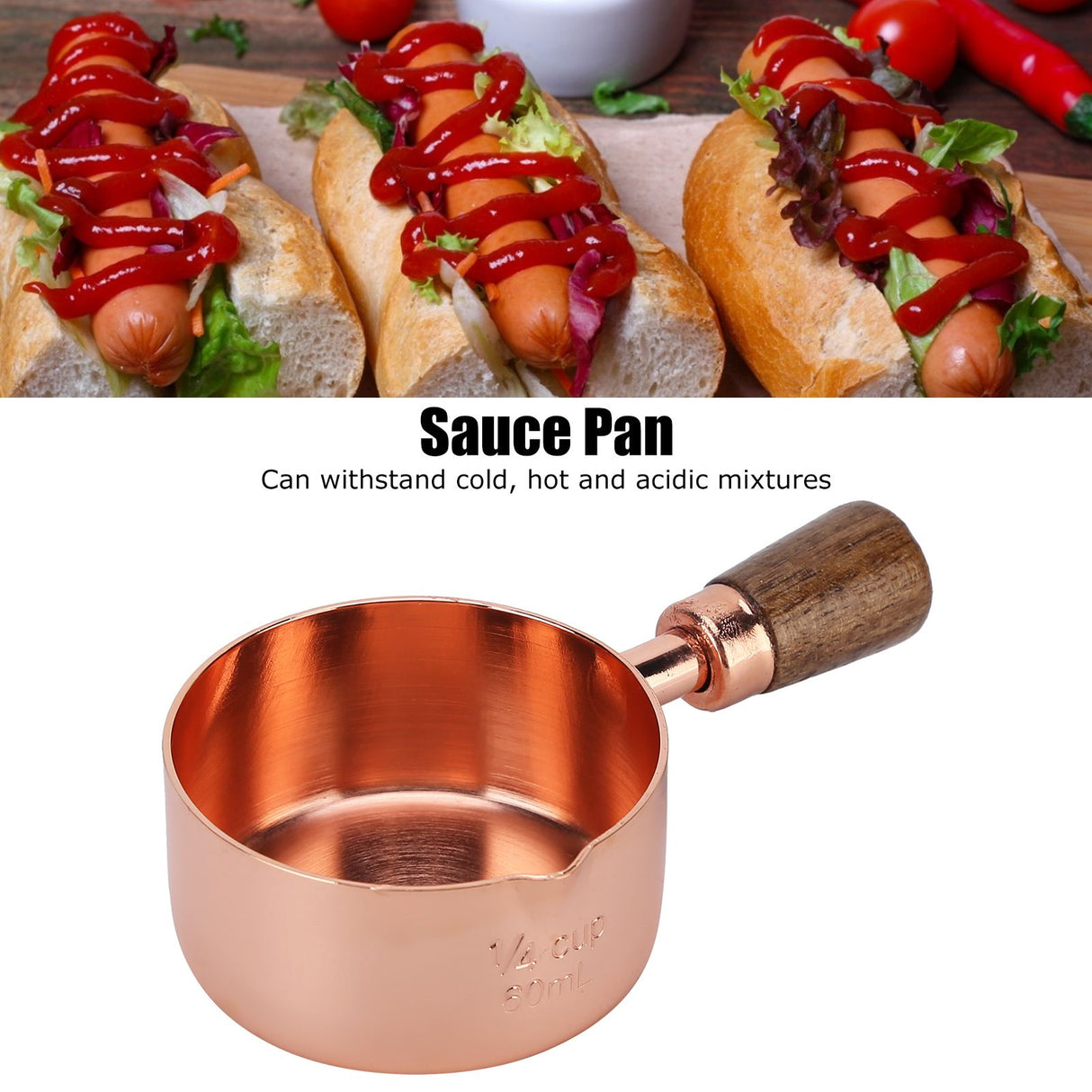 Sauce Pan Wooden Handle Rose Gold Stainless Steel Sauce Pot for Cooking Kitchen Ware1/4cup