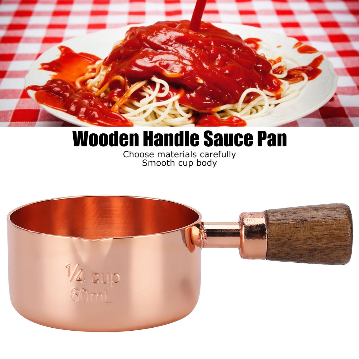 Sauce Pan Wooden Handle Rose Gold Stainless Steel Sauce Pot for Cooking Kitchen Ware1/4cup