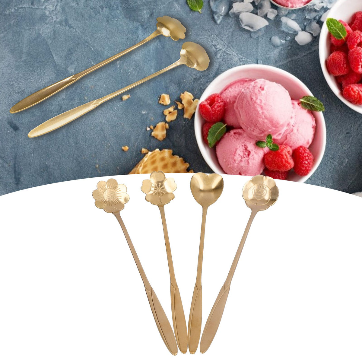 4PCS Mixing Spoon Flower Heart Shaped Coffee Spoon Stainless Steel Desert Scoop Ice Tea SpoonGold