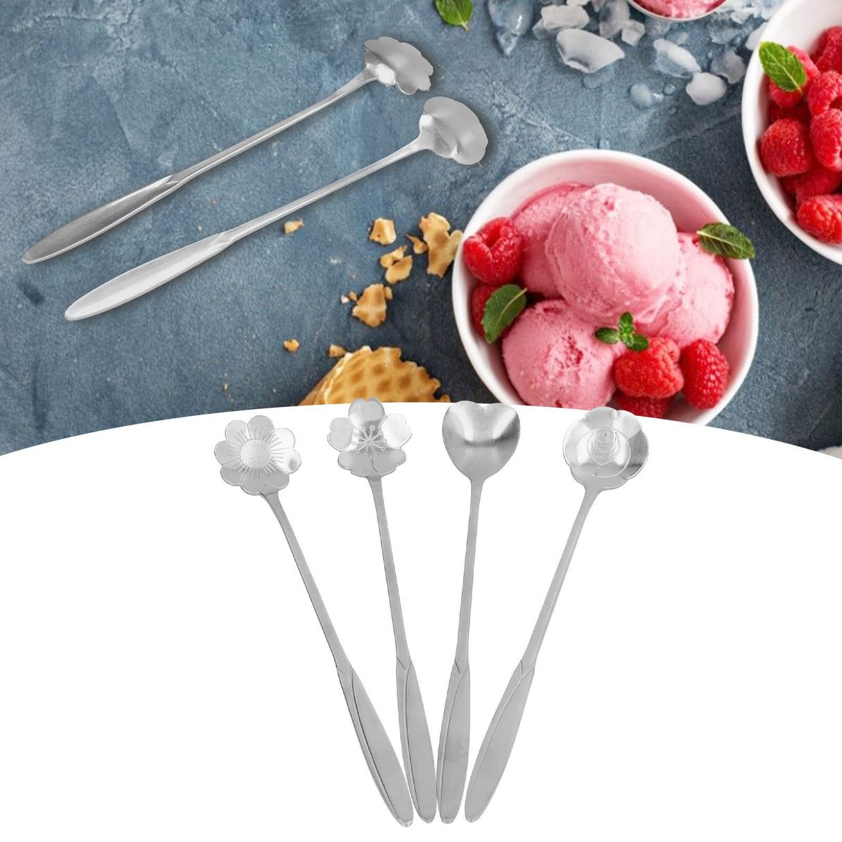 4PCS Mixing Spoon Flower Heart Shaped Coffee Spoon Stainless Steel Desert Scoop Ice Tea SpoonSilver