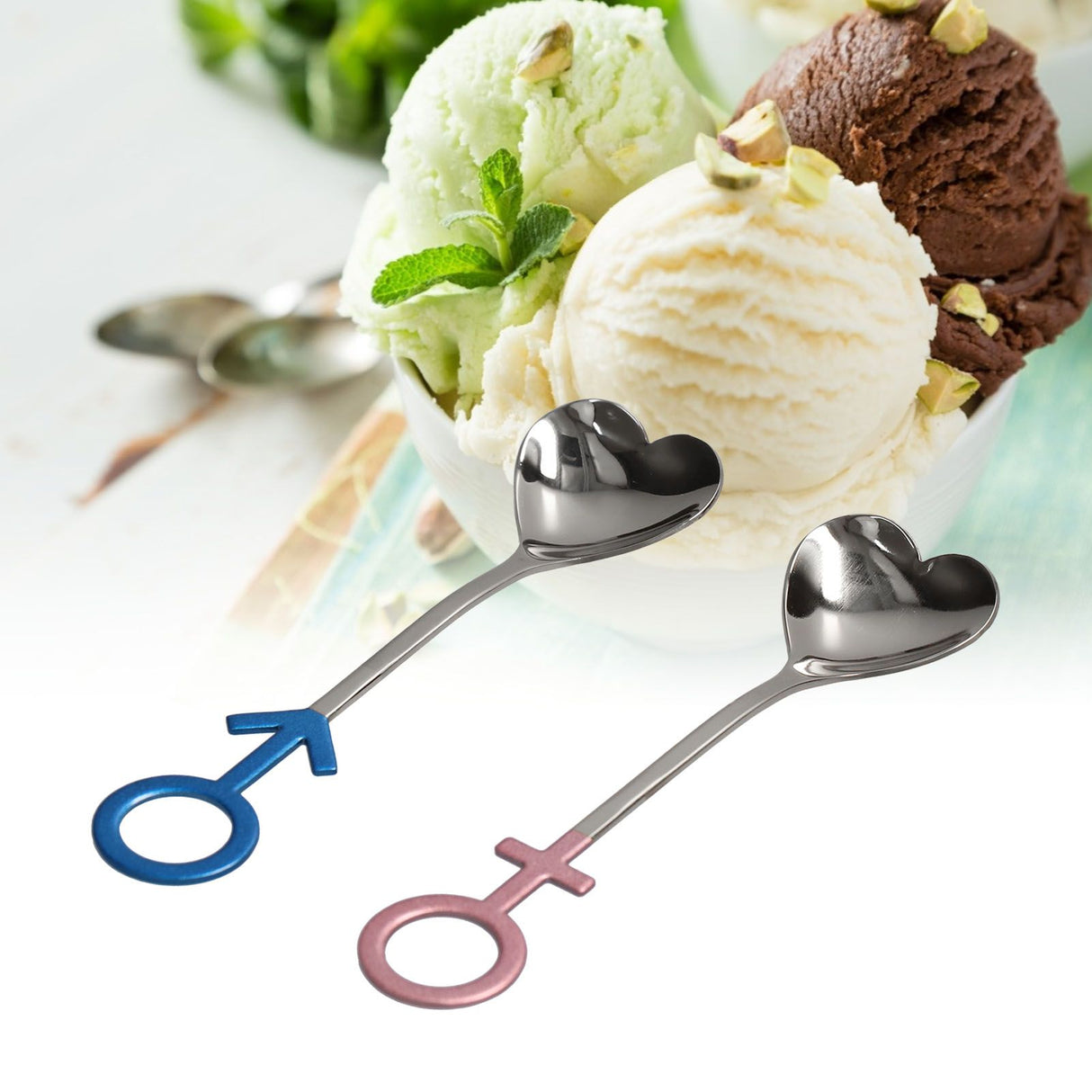 Innovative Heart Shaped Couple Spoon 304 Stainless Steel Spoon for Kitchen Home RestaurantBlue Pink Silver