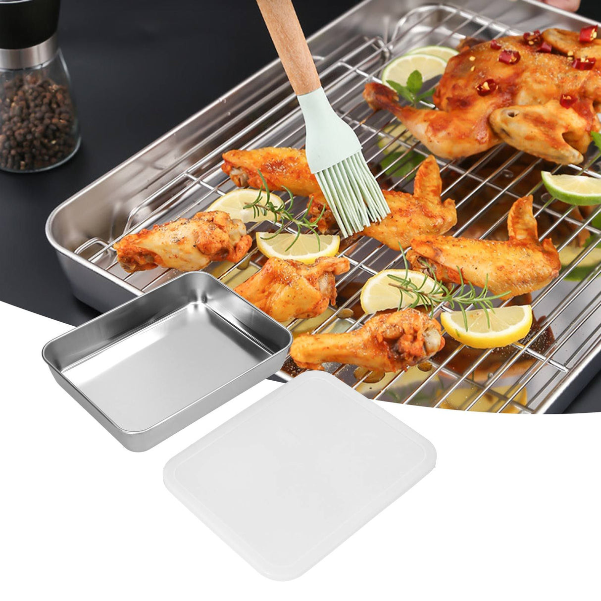 Stainless Steel Baking Tray Deep Flat Non Stick Baking Pan Food Storage Box with CoverS