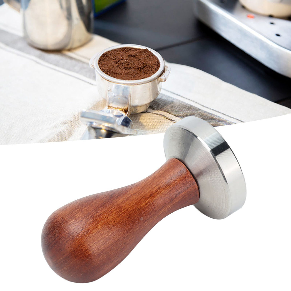 53mm Coffee Tamper with Wooden Handle Stainless Steel Coffee Powder Hammer for Restaurant