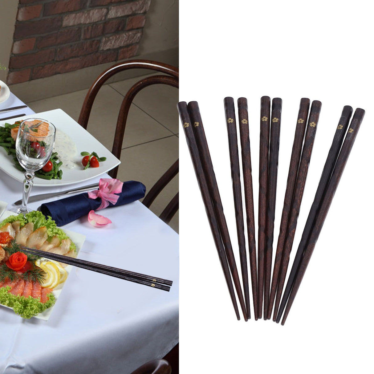 5 Pair Japanese Style Wooden Chopsticks Golden Printed Flowers Reusable Traditional Stylish Gift for Family Friends
