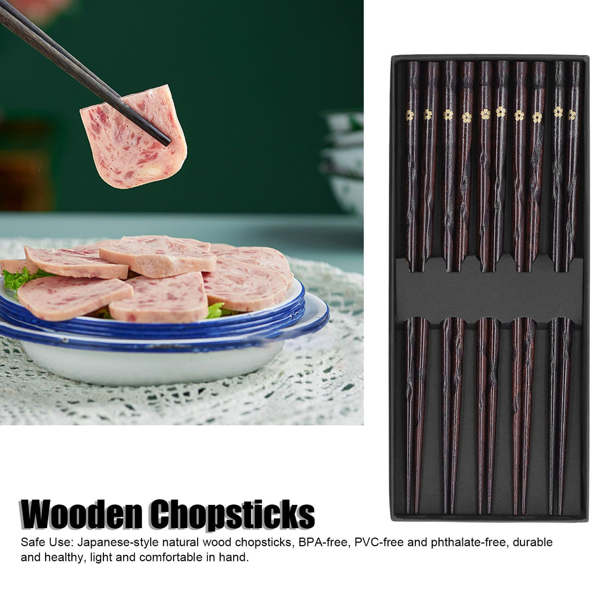5 Pair Japanese Style Wooden Chopsticks Golden Printed Flowers Reusable Traditional Stylish Gift for Family Friends