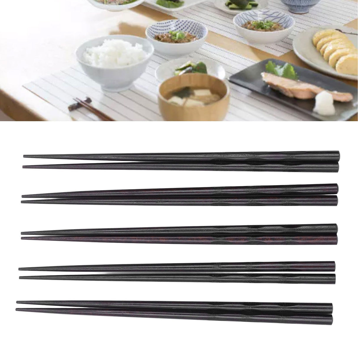 5 Pairs Chopsticks Ironwood Black Round Reusable 23cm/9.1in Long for Japanese Style Tableware Classic