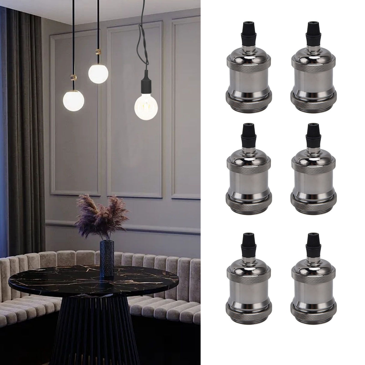 6 Pcs Lamp Holder Metal E26 E27 Screw Retro Lighting Base Accessories with Ground Aluminum ShellPearl Black