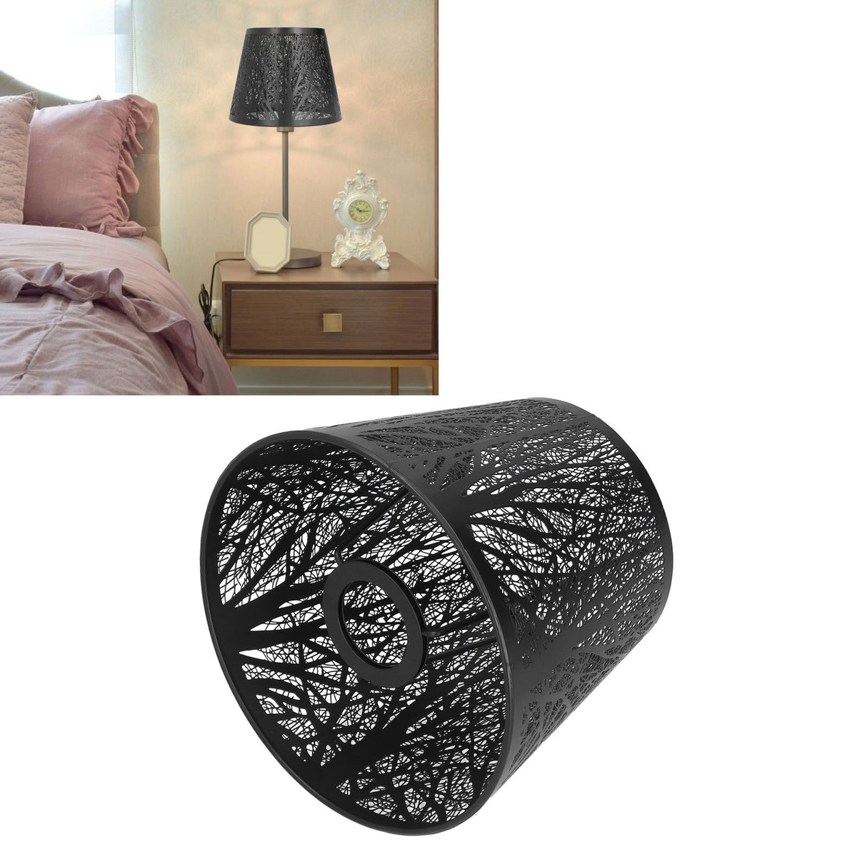 Wrought Iron Lampshade Carved Forest Tree Shaped E27 Mini Lamp Shade for Table Lamp Bedroom Bedside DecorBlack