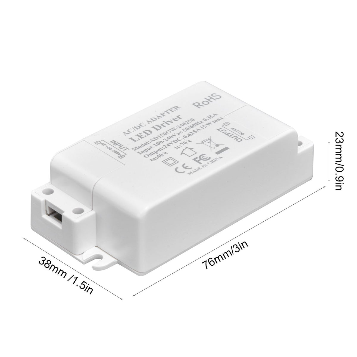 LED Driver DC24V 0.625A 15W DIY Lamp Low Voltage LED Driver Transformer AC 100‑240V