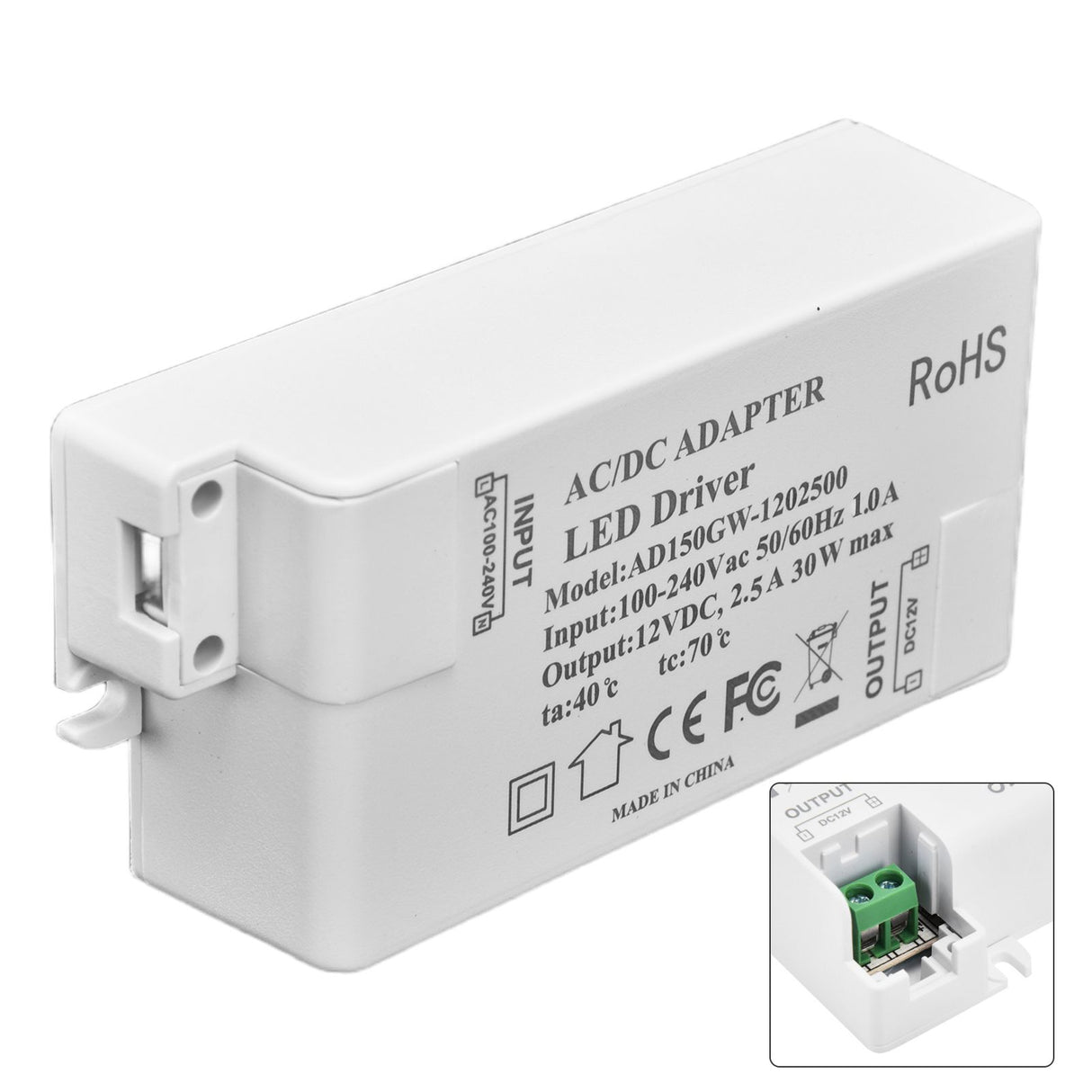 30W DC 12V 2.5A LED Driver Constant Voltage No Flicker LED Light Transformer for Bathroom Restroom AC 100‑240V